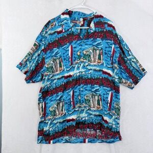 Thums Up Shirt Mens XL Blue Hawaiian Rayon Ocean Island Beach Button Up
